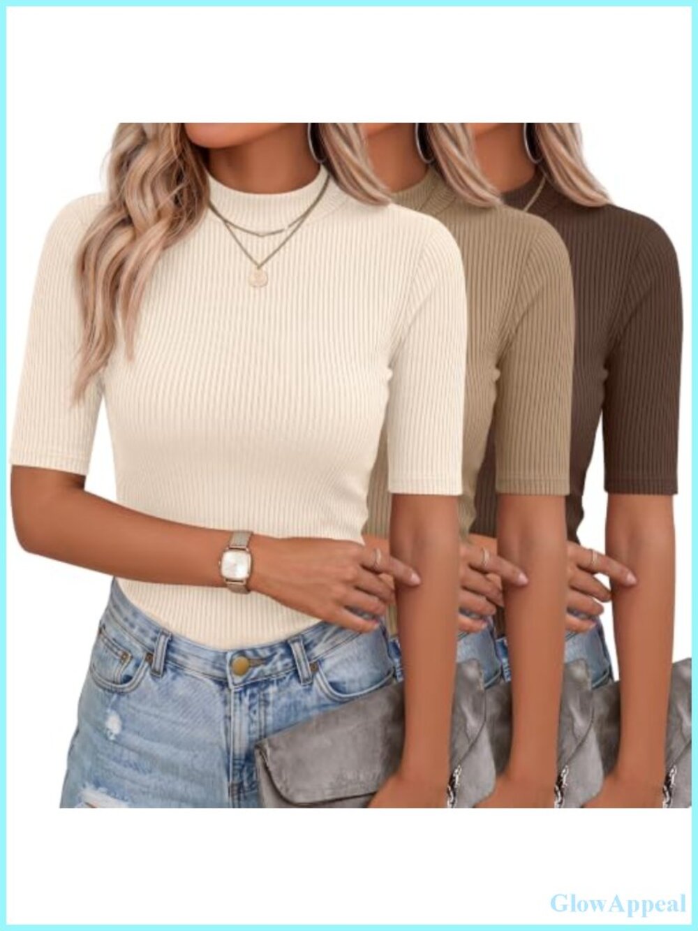 3 Pack Women's Mock Neck Ribbed Tee Half Sleeve Slim Fit T-Shirt